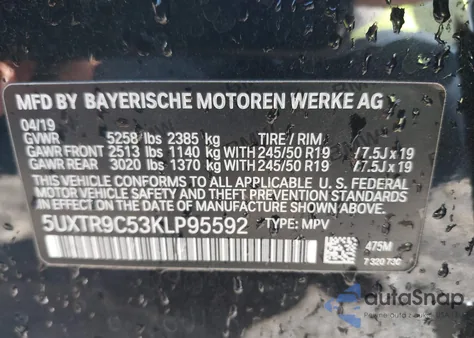 2019 BMW X3 xDrive30I from USA, damaged, VIN 5UXTR9C53KLP95592